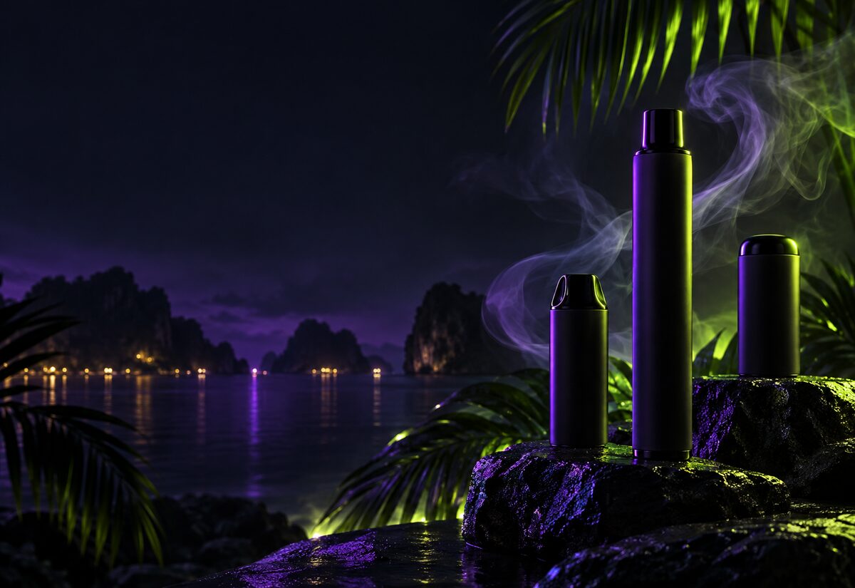 Vape devices in a tropical night setting